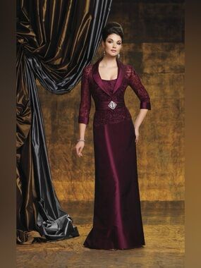 Women's Burgundy Long Sleeve Lace and Satin Evening Gown with Jacket